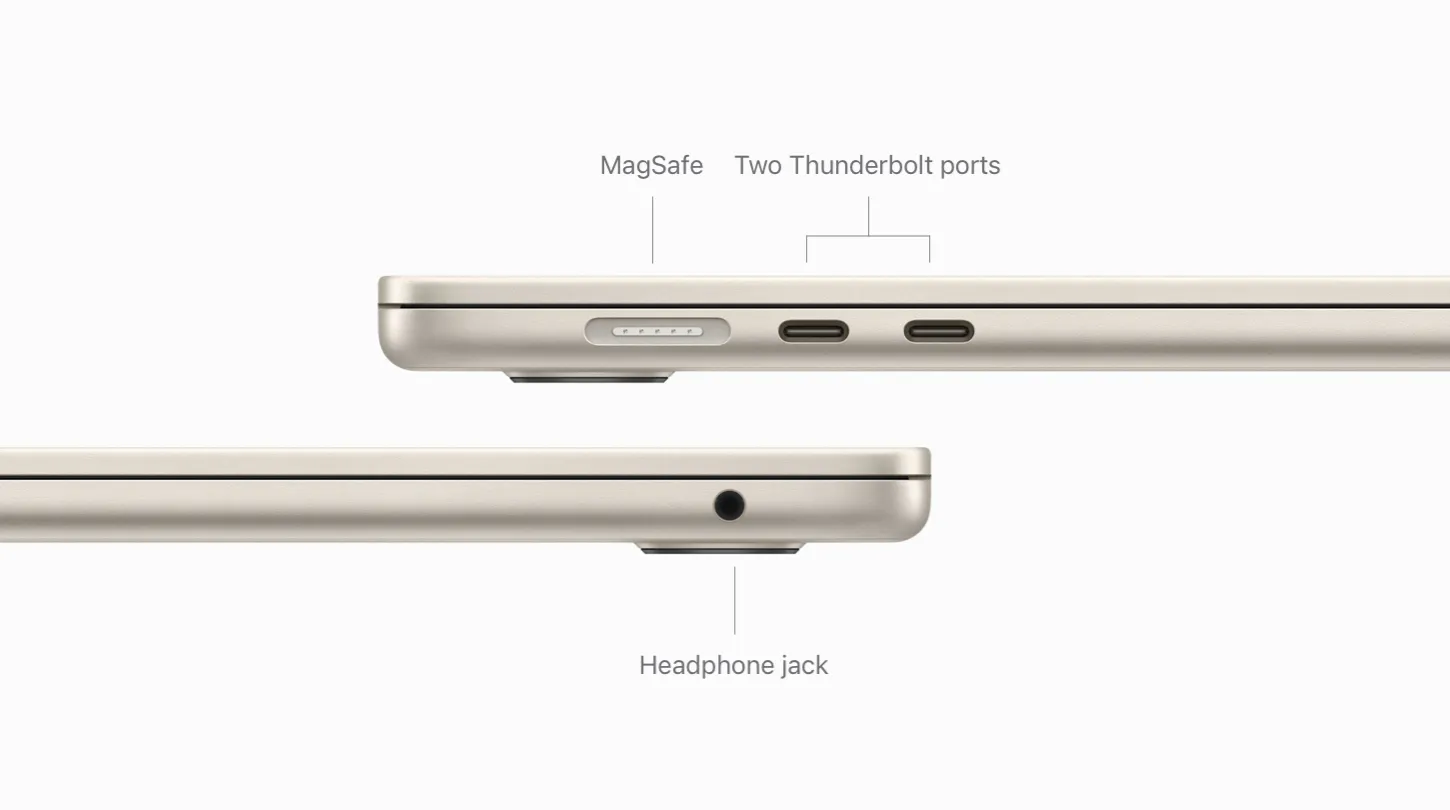 Visões laterais do MacBook Air M3, com a entrada de carregamento MagSafe, duas entradas Thunderbolt e, do outro lado, uma entrada jack.