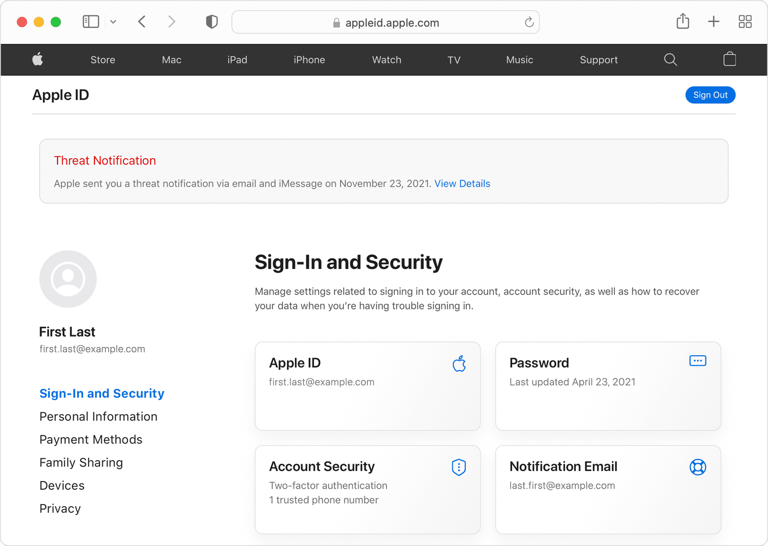 Exemplo de uma notificação de ameaça no Apple ID no Safari de um Mac.