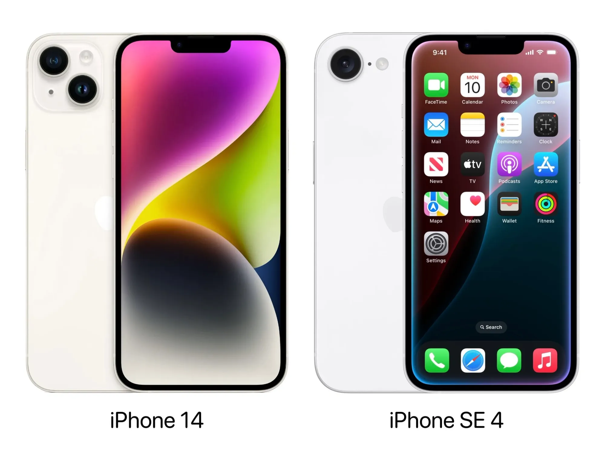 À esquerda o iPhone 14 e à direita o hipotético iPhone SE 4. 📷 Apple Hub