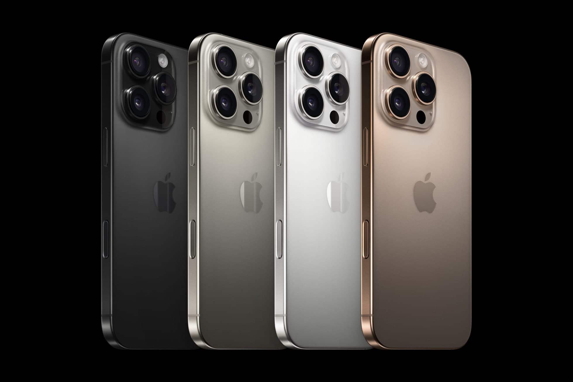 5 iPhones em pé que ilustram a gama de cores do iPhone 15 Pro. Apenas o modelo mais à direita está virado de frente.