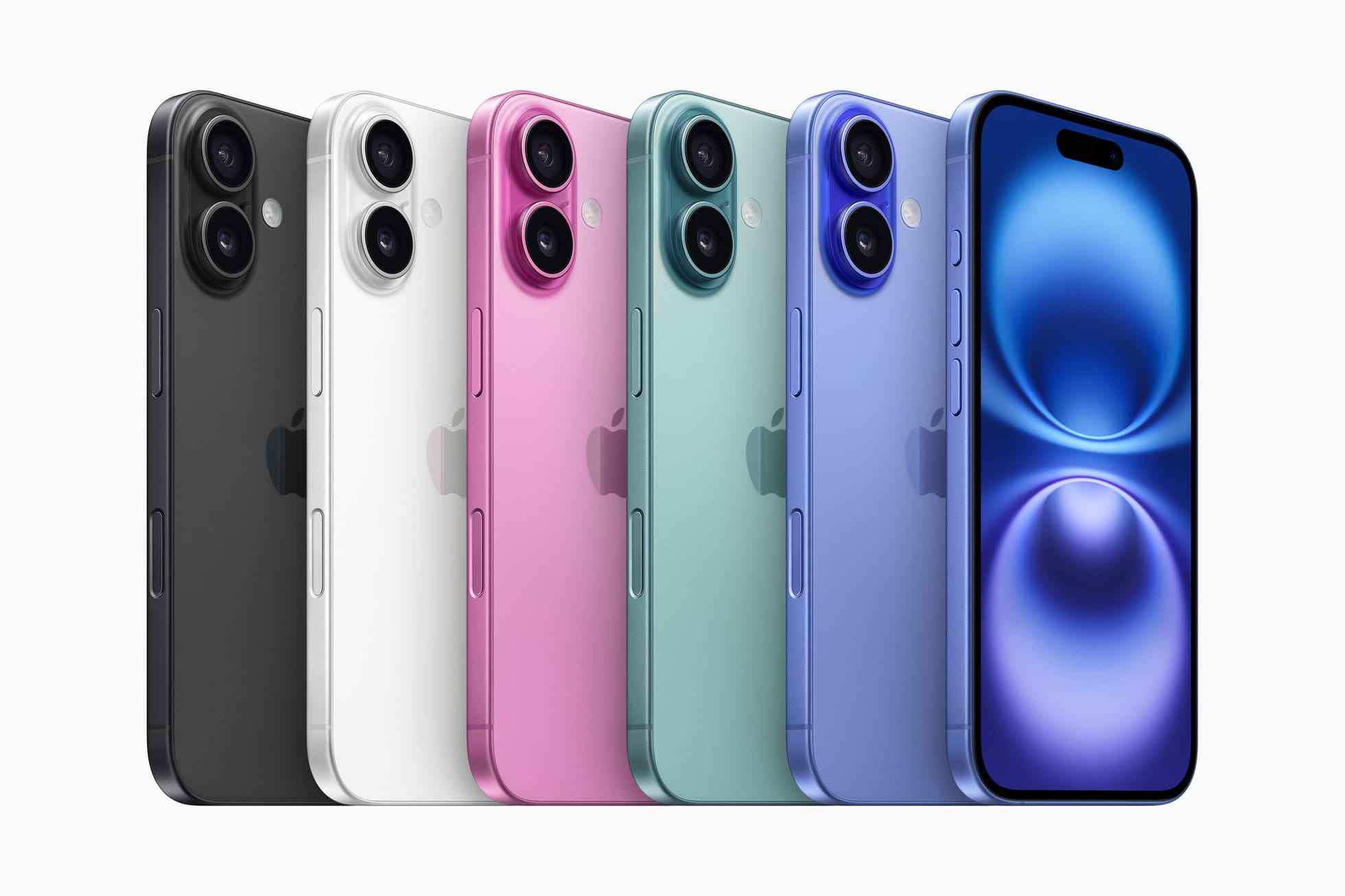 6 iPhones em pé e em linha que ilustram a gama de cores do iPhone 15. Apenas o modelo mais à direita está virado de frente.