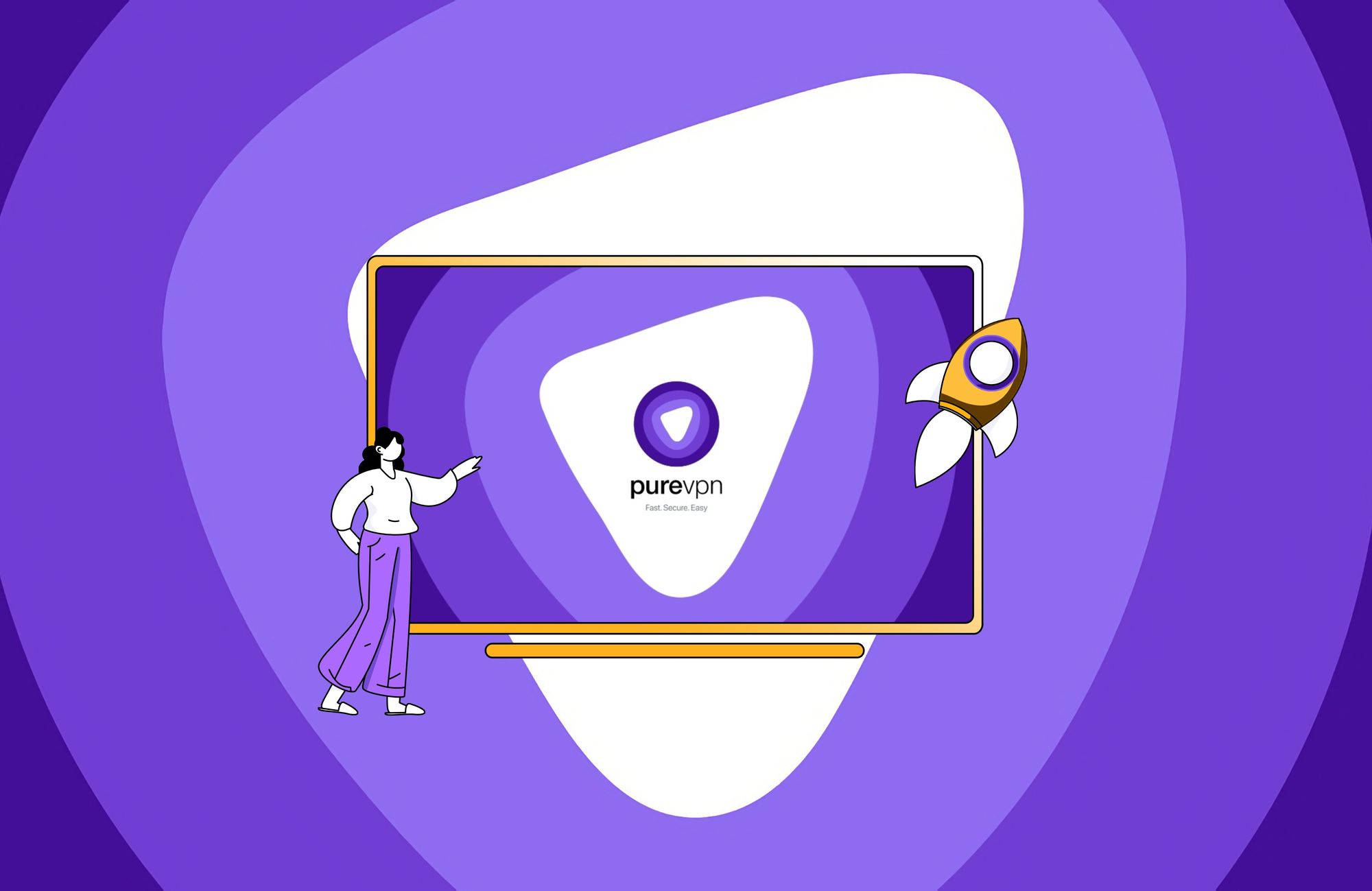 Desenho de uma TV com o logo da PureVPN no ecrã, uma pessoa à esquerda e um foguetão à direita. No fundo, o logo da PureVPN.