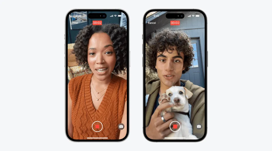 Dois iPhones num fundo branco ilustrando a gravação de mensagem de vídeo no FaceTime do iOS 17.