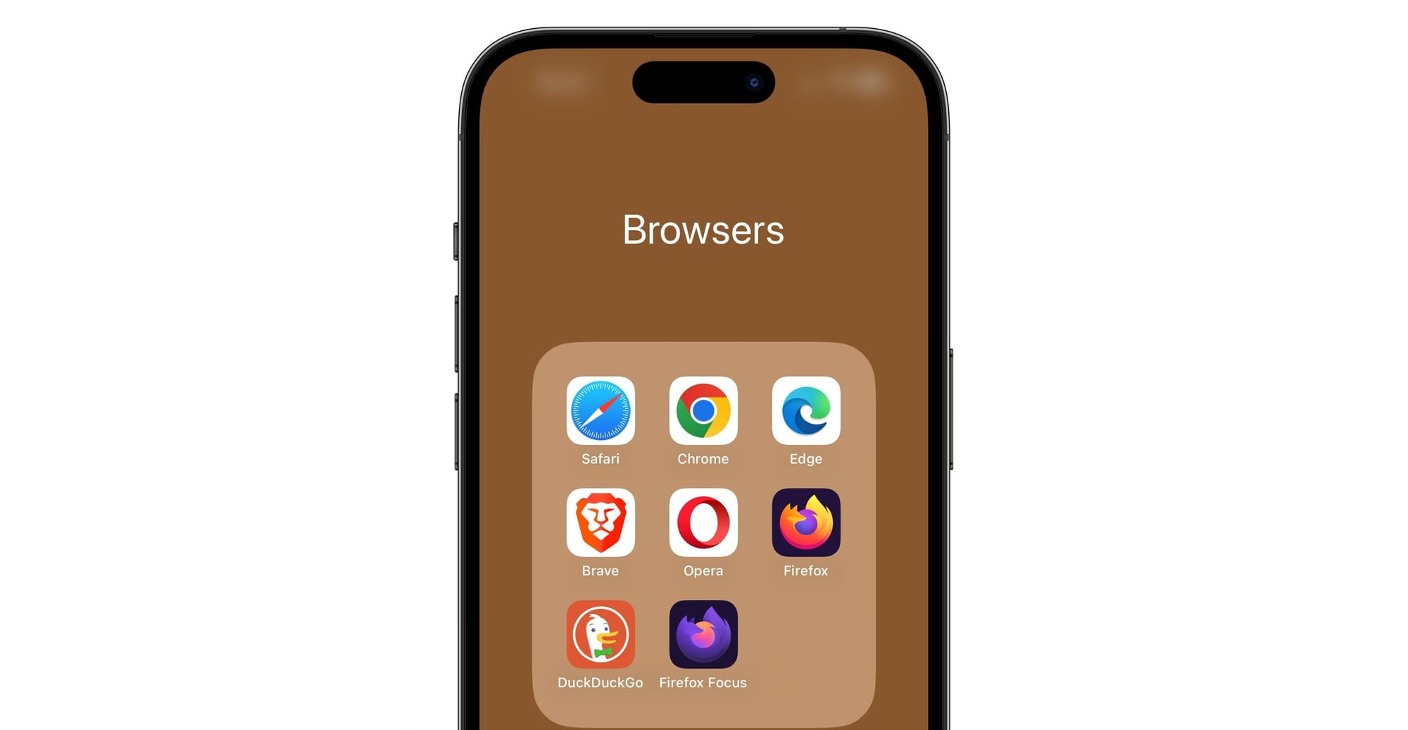 iPhone com a parte de baixo cortada a mostrar uma pasta chamada "Browsers" onde estão oito aplicações de browsers.
