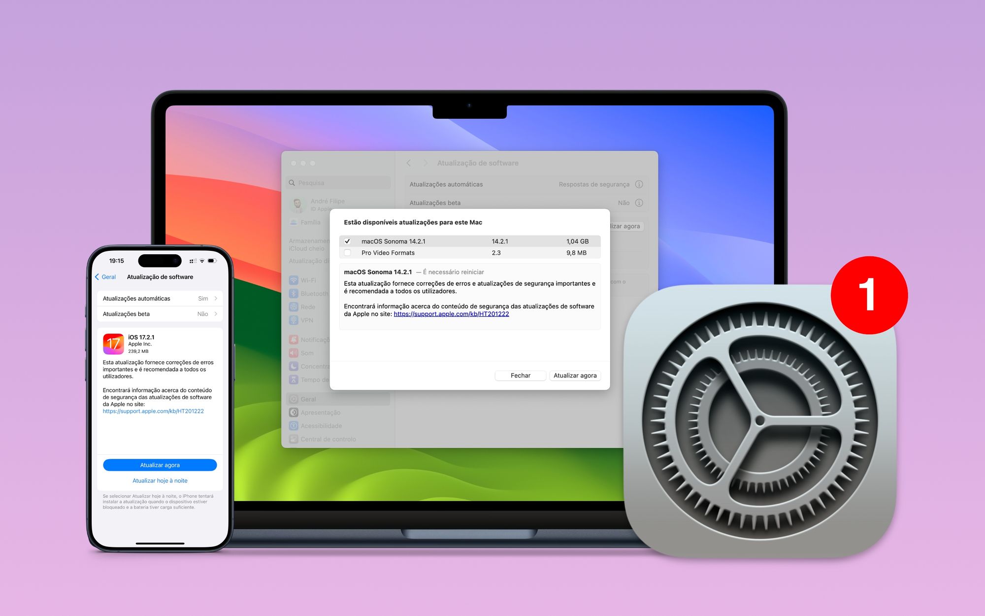 iPhone (esquerda) e MacBook (centro) a mostrar a atualização de software ao lado do ícone das definições com 1 notificação.