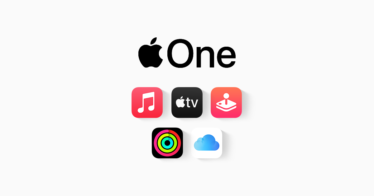 Ícones das 5 aplicações dos serviços do Apple One (Music, TV, Arcade, Fitness e iCloud) com o logo do serviço acima.
