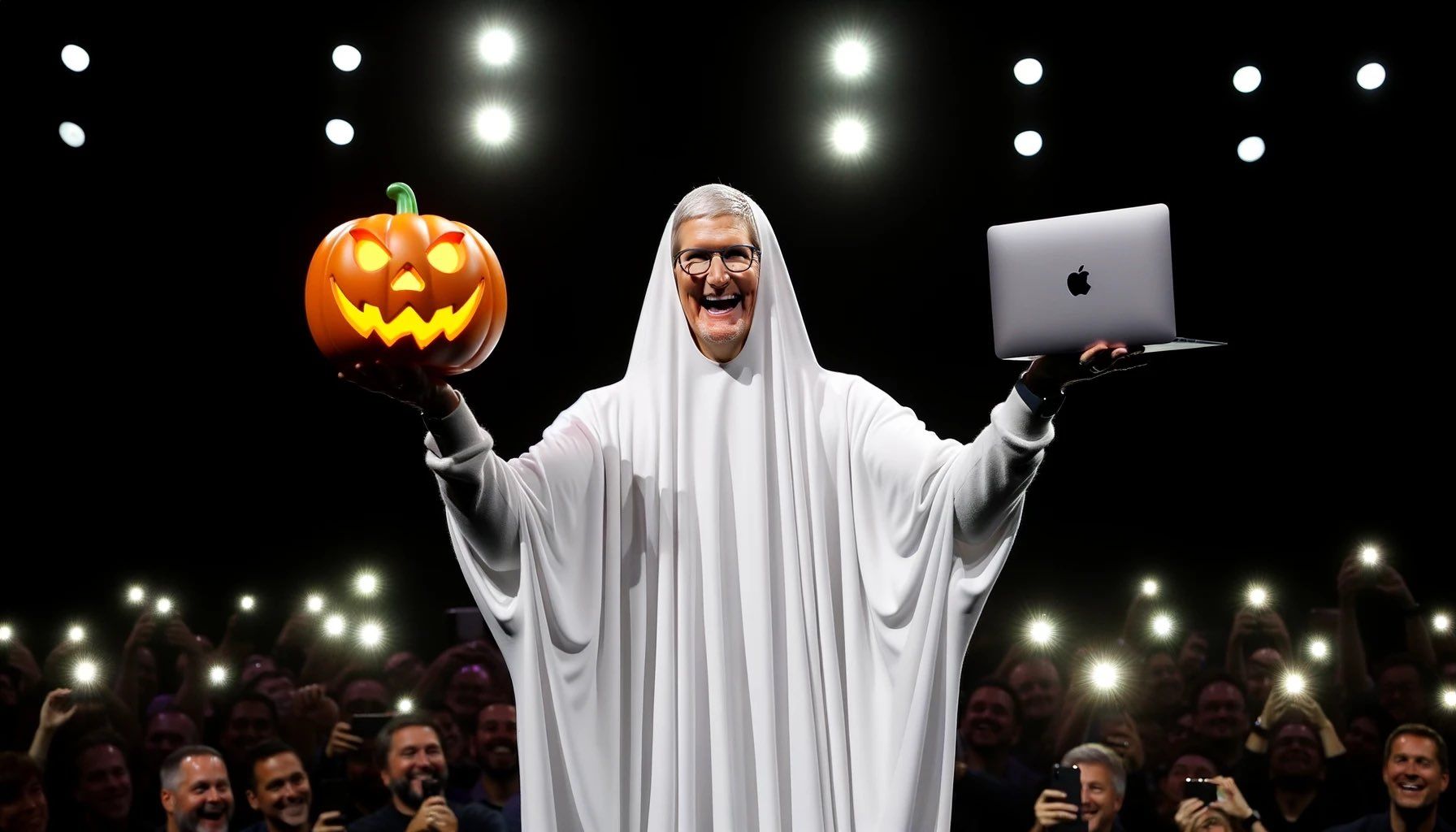 Tim Cook coberto por um lençol, com uma abóbora de Halloween na mão direita e um MacBook na esquerda. Atrás, uma plateia.